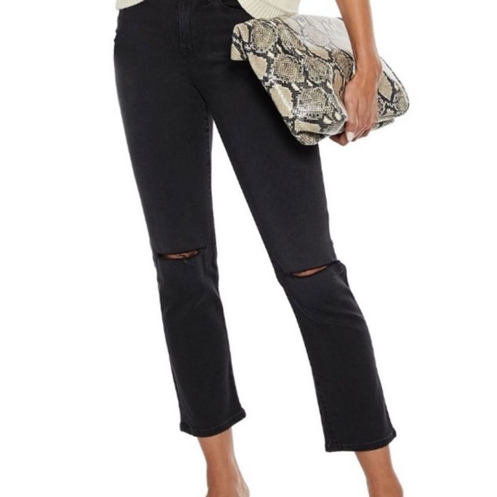 Frame Denim Black Distressed Stretch Ankle Jeans in Size 25